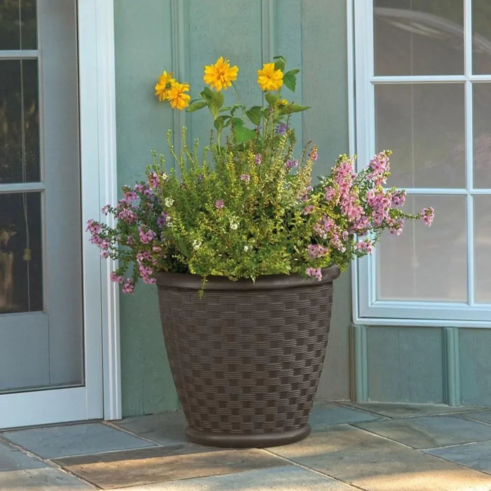 4-Pack 18-Inch Decorative Plastic Wicker Garden Planter Pots – Ideal for Flowers & Plants in Backyard, Patio, or Outdoor Spaces