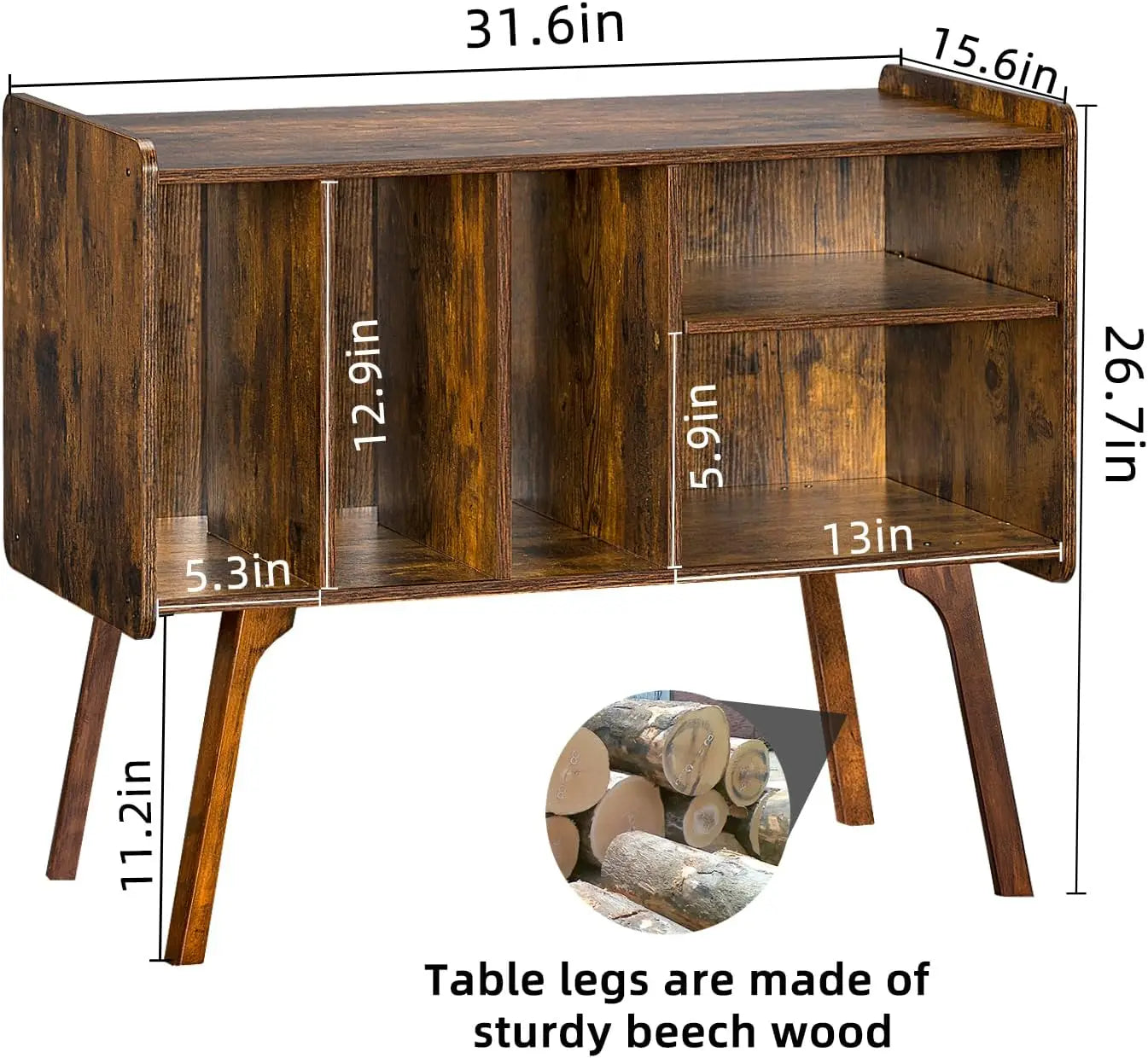 Record Player Stand with 4 Cabinet Holds Up to 220 Albums, Large Turntable Stand with Beech Wood Legs