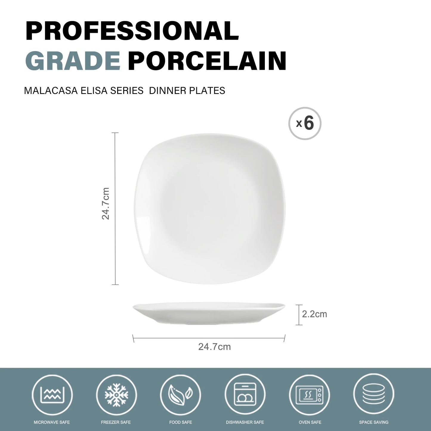 6-Piece 9.75" Ceramic White Porcelain Dinner Plate Set Beef Fruit Salad Plate Dishes Dinnerware Tableware Service