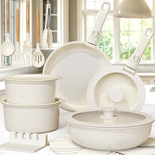 Astercook 21-Piece Ceramic Non-Stick Cookware Set with Sensor Handles – Milky White