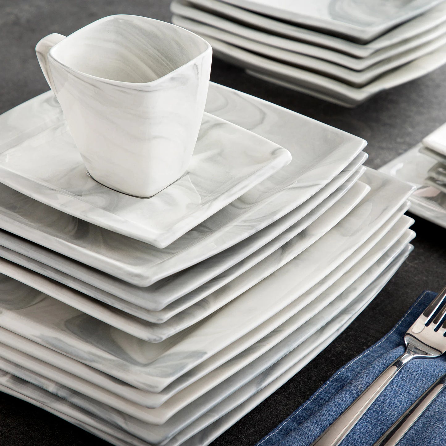 30/60PCS Marble Grey Porcelain Tableware Dinnerware Set with 6PCS Dessert/Soup/Dinner Plate/Cup/Saucer,Service for 12