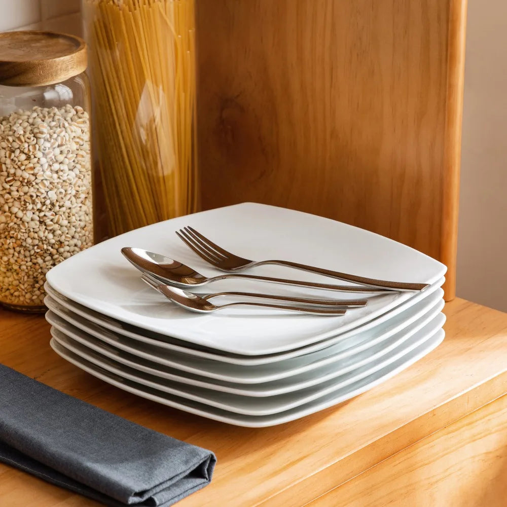 6/12-Piece White Square Porcelain Dinner Plate Set – Flat Plates for Dessert, Salad, Fruit, or Main Courses