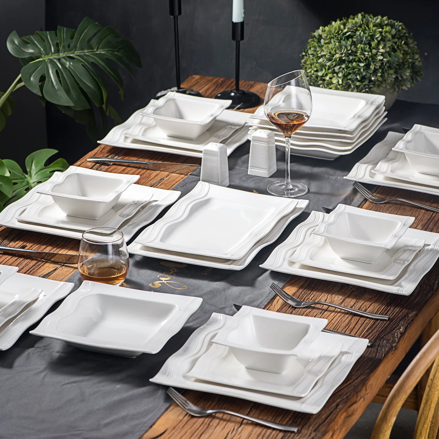 28-Piece Square Dinnerware Set – Ivory White Porcelain Plates & Bowls with Salt & Pepper Shakers