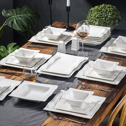 28-Piece Square Dinnerware Set – Ivory White Porcelain Plates & Bowls with Salt & Pepper Shakers