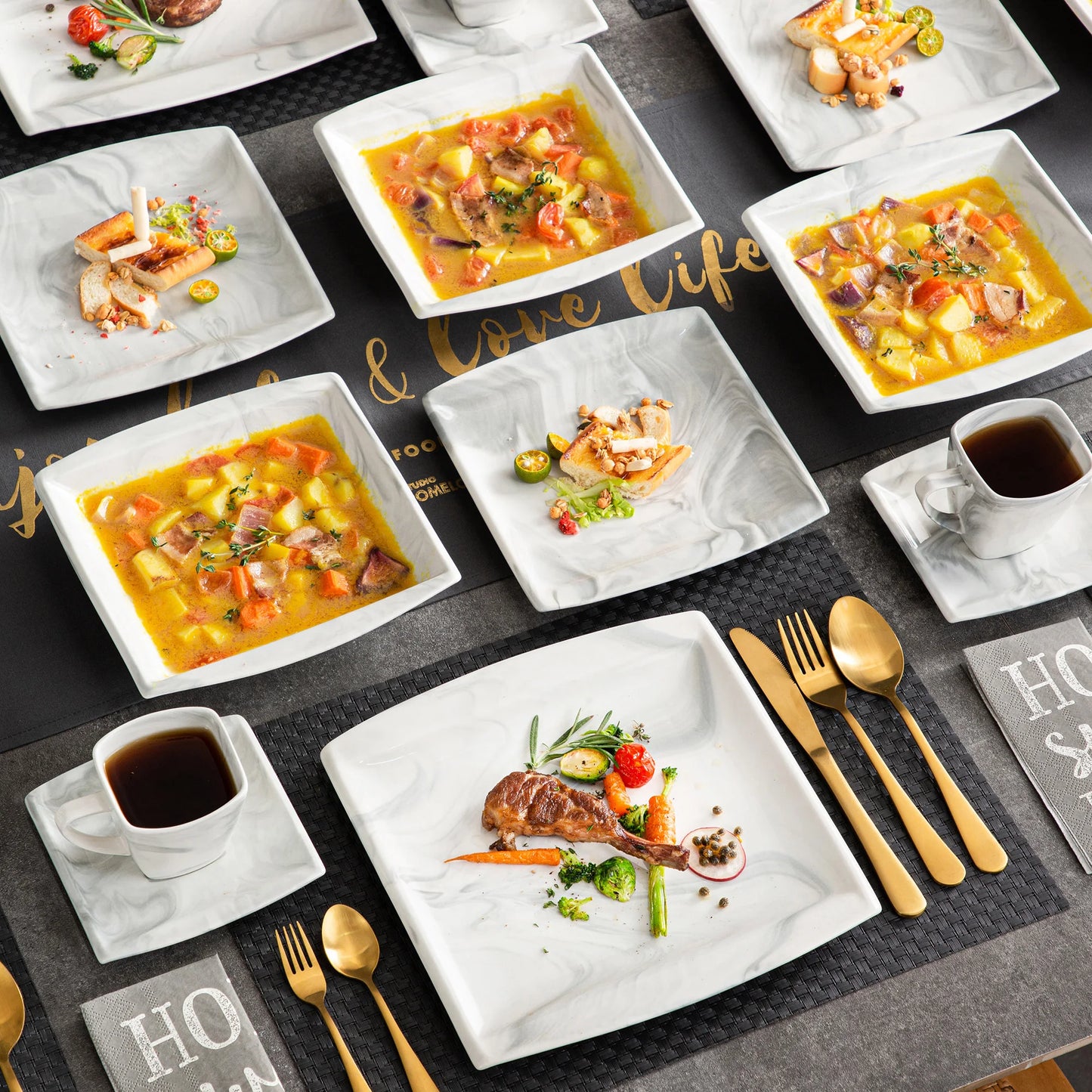 30/60PCS Marble Grey Porcelain Tableware Dinnerware Set with 6PCS Dessert/Soup/Dinner Plate/Cup/Saucer,Service for 12