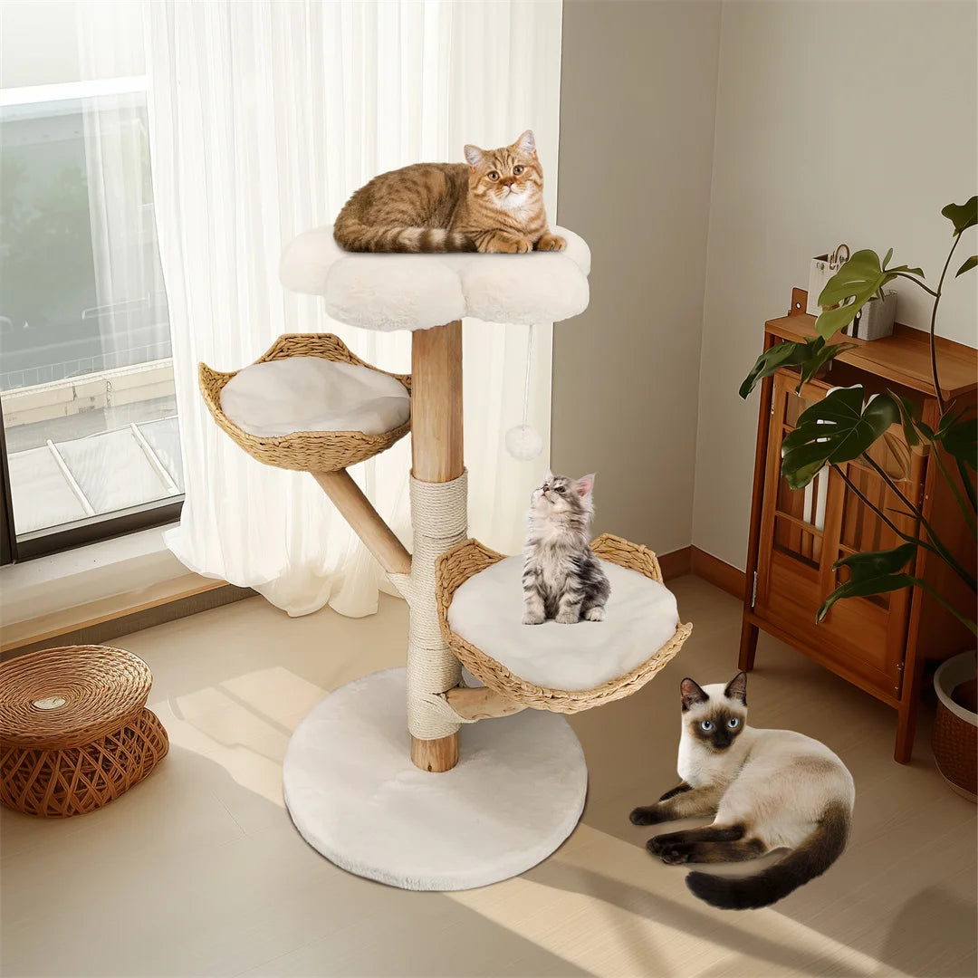 110cm Modern Solid Wood Cat Tree – Climbing Tower & Activity Center with Scratching Post for Kittens and Cats
