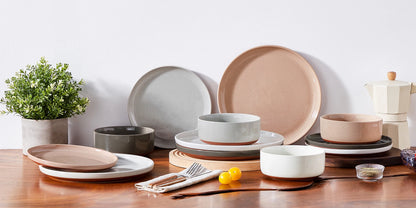 12/24-Piece Stoneware Dinnerware Set – Sesame Glaze Plates with Curved Edges, Includes Dinner Plates, Dessert Plates & Bowls (4 or 6 Settings)