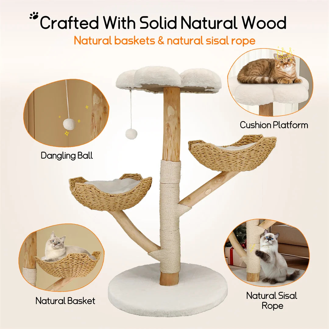 110cm Modern Solid Wood Cat Tree – Climbing Tower & Activity Center with Scratching Post for Kittens and Cats