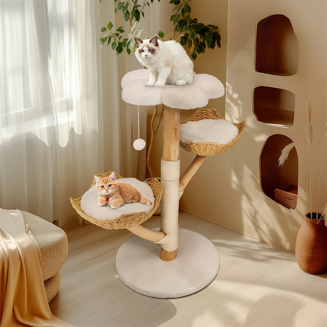 110cm Modern Solid Wood Cat Tree – Climbing Tower & Activity Center with Scratching Post for Kittens and Cats