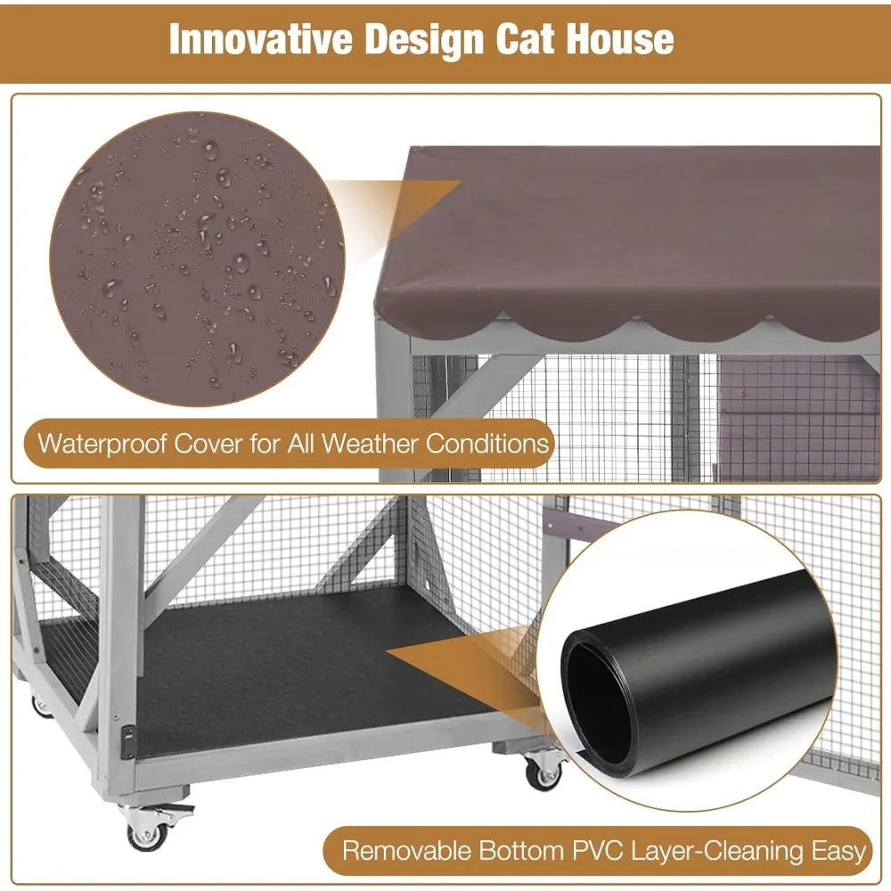 4-Tier Rolling Outdoor Catio – Large Waterproof Cat Enclosure with Roof for Indoor/Outdoor Use