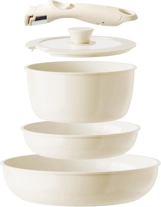 Ceramic Nonstick Pots and Pans Set – 5-Piece RV-Friendly Cookware with Removable Handles
