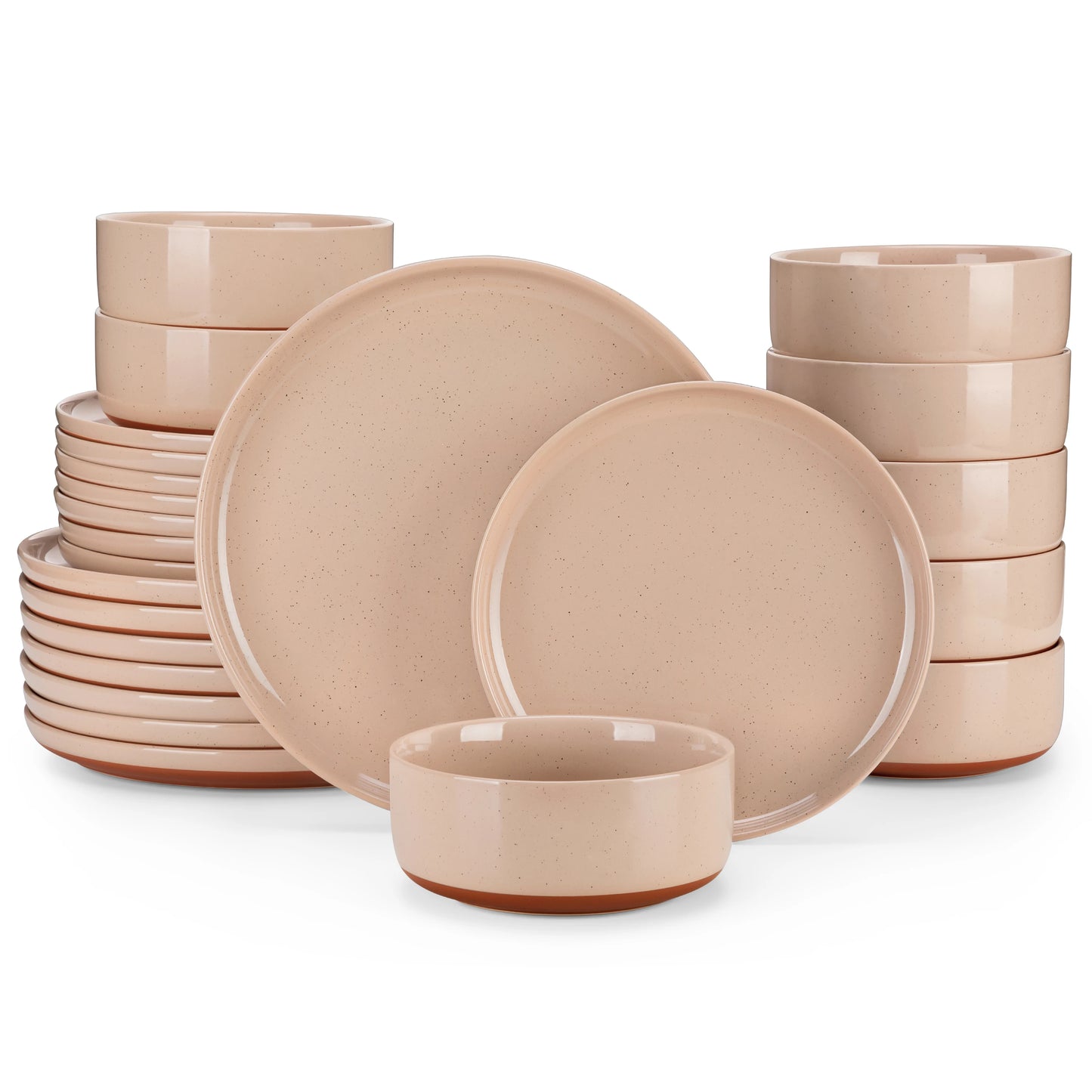12/24-Piece Stoneware Dinnerware Set – Sesame Glaze Plates with Curved Edges, Includes Dinner Plates, Dessert Plates & Bowls (4 or 6 Settings)