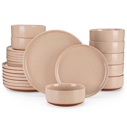 12/24-Piece Stoneware Dinnerware Set – Sesame Glaze Plates with Curved Edges, Includes Dinner Plates, Dessert Plates & Bowls (4 or 6 Settings)
