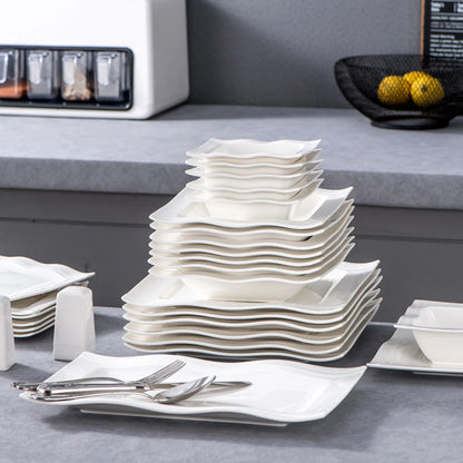 28-Piece Square Dinnerware Set – Ivory White Porcelain Plates & Bowls with Salt & Pepper Shakers