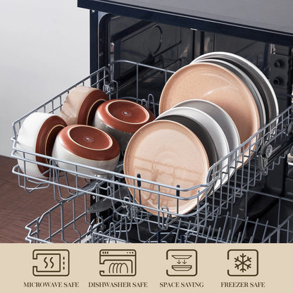 12/24-Piece Stoneware Dinnerware Set – Sesame Glaze Plates with Curved Edges, Includes Dinner Plates, Dessert Plates & Bowls (4 or 6 Settings)