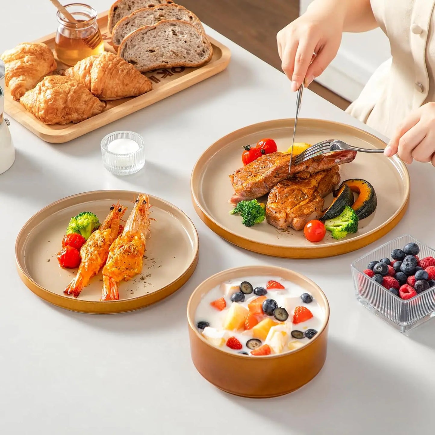24-Piece Ceramic Dinnerware Set – Service for 8 | Reactive Glaze Plates & Bowls – Brown