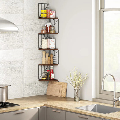 5-Tier Rustic Wood Corner Wall Shelf – Floating Shelves for Bedroom, Bathroom, Kitchen, or Office