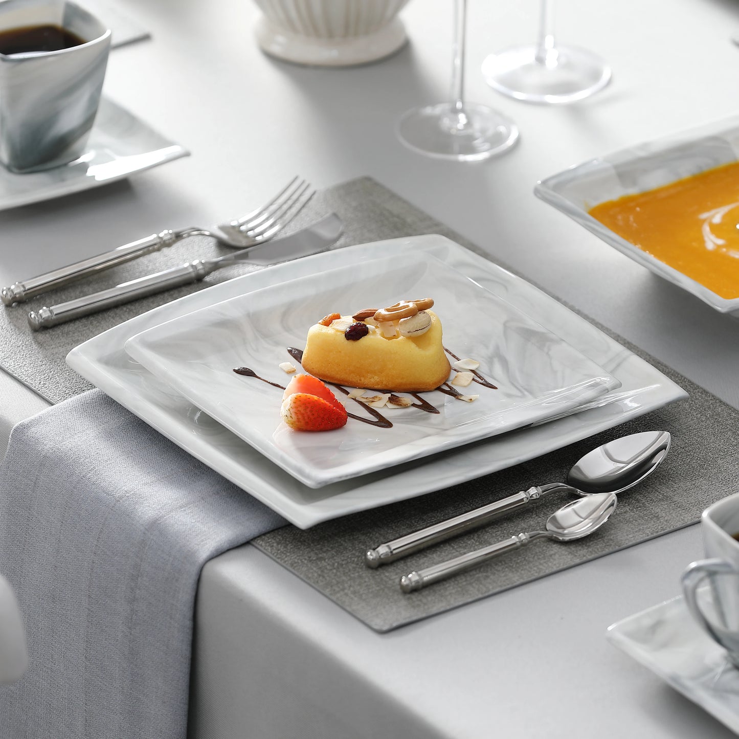 30/60PCS Marble Grey Porcelain Tableware Dinnerware Set with 6PCS Dessert/Soup/Dinner Plate/Cup/Saucer,Service for 12