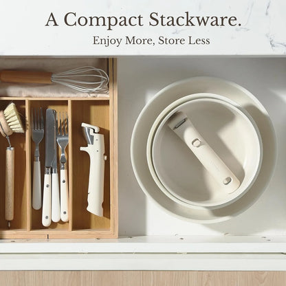 Detachable Handle Nonstick Frying Pan Set – Oven, Refrigerator Safe Cookware in Milky White