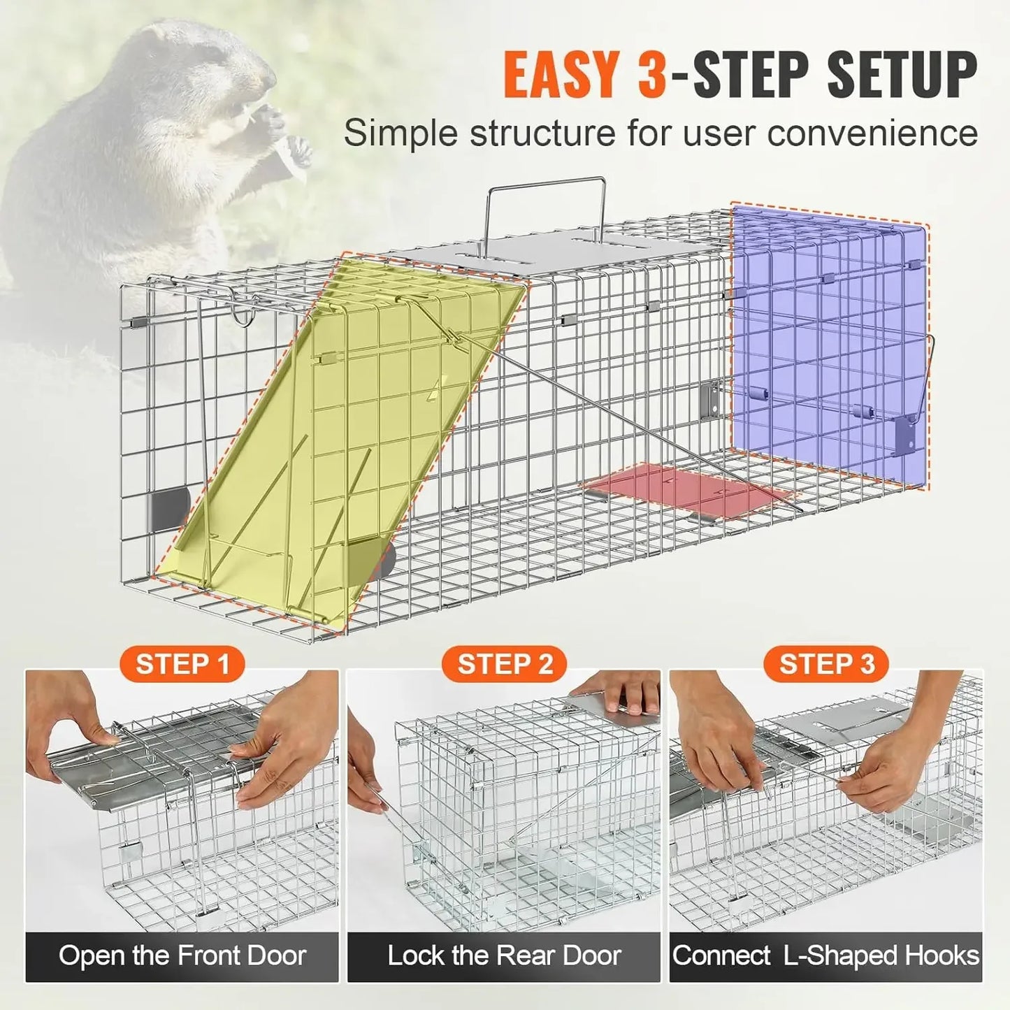 Humane Live Animal Cage Trap – 24'' Folding Metal Trap for Small Animals, Rabbits, Cats & Groundhogs
