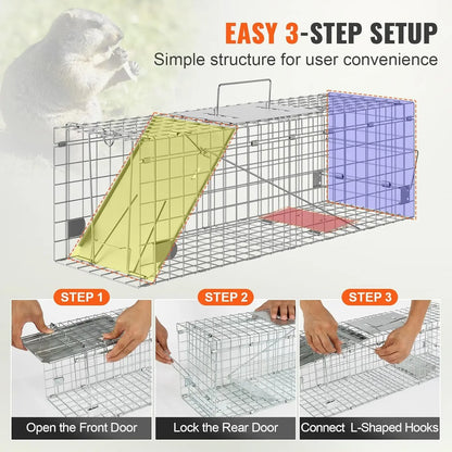 Humane Live Animal Cage Trap – 24'' Folding Metal Trap for Small Animals, Rabbits, Cats & Groundhogs