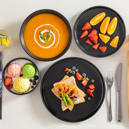 24/48-Piece Black Ceramic Dinnerware Set – Elegant Stoneware Plates and Bowls with 6/12 Dinner Plates, Dessert Plates, Bowls & Soup Plates