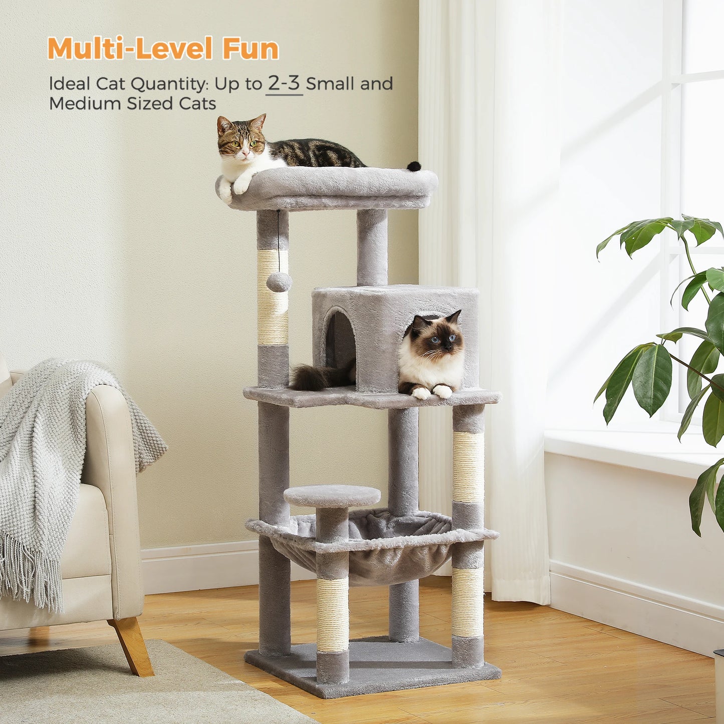 Multi-Level Indoor Cat Tree – Large Cat Tower with Sisal Scratching Posts, Spacious Condo, Toys & Scratcher – Available in 6 Colors
