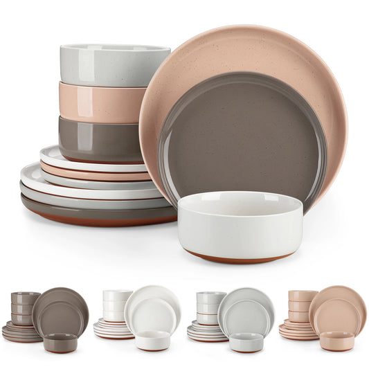 12/24-Piece Stoneware Dinnerware Set – Sesame Glaze Plates with Curved Edges, Includes Dinner Plates, Dessert Plates & Bowls (4 or 6 Settings)