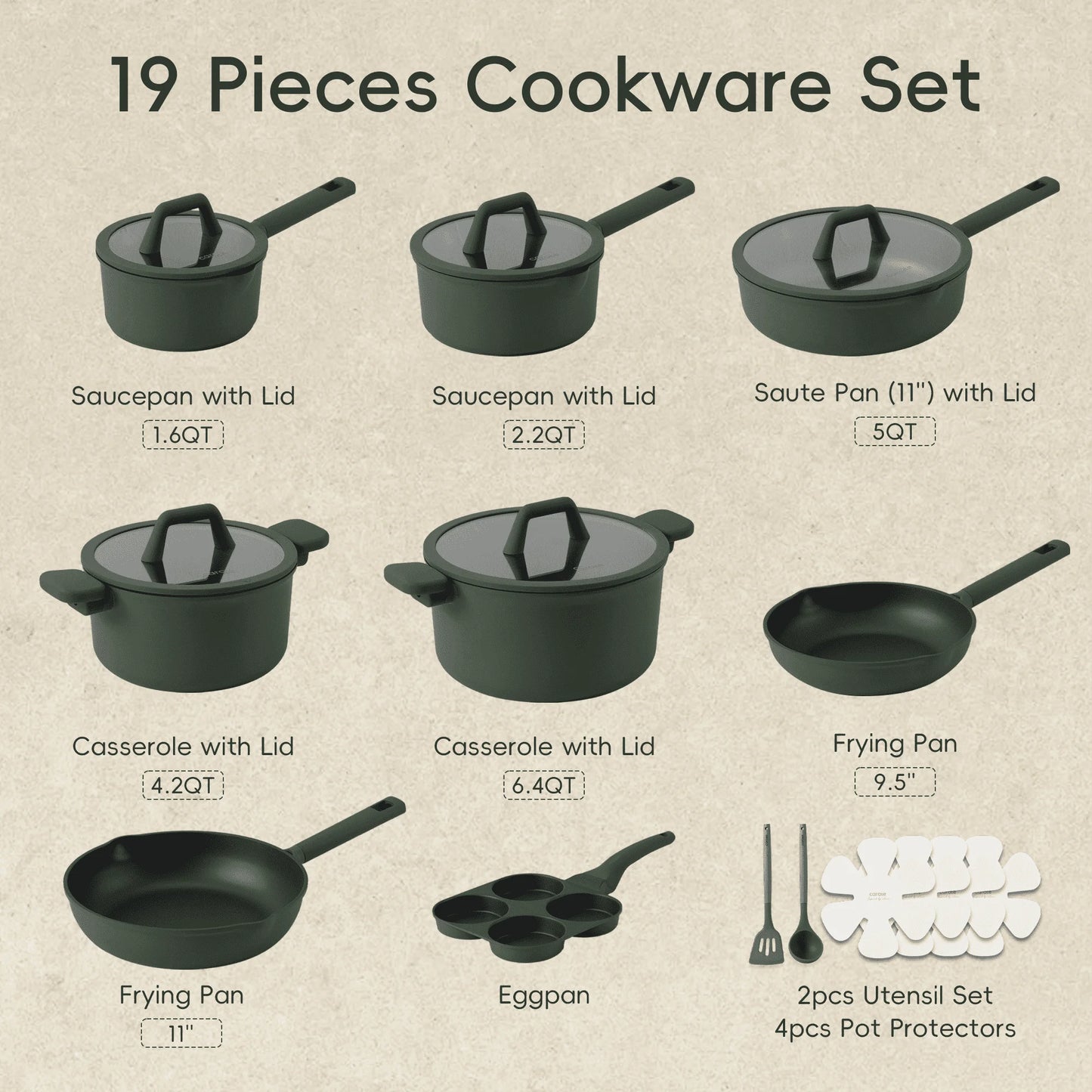 Nonstick Pots and Pans Set – 19-Piece Induction-Compatible Cookware in Dark Green