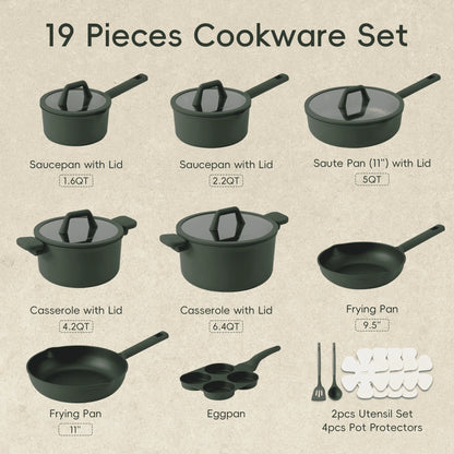 Nonstick Pots and Pans Set – 19-Piece Induction-Compatible Cookware in Dark Green