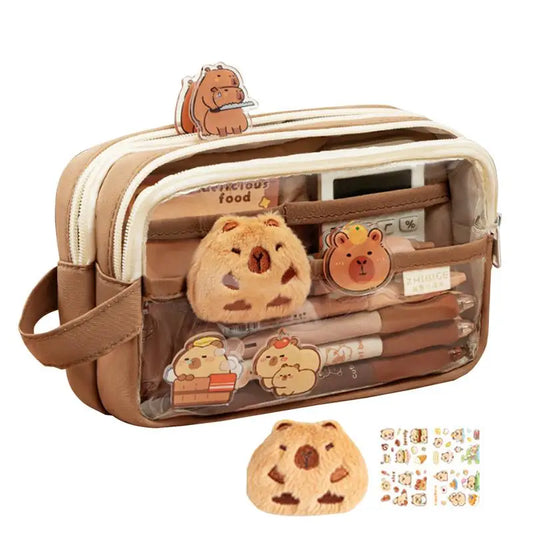 Capybara Cutie Clear Pencil Case – With Pins & Stickers