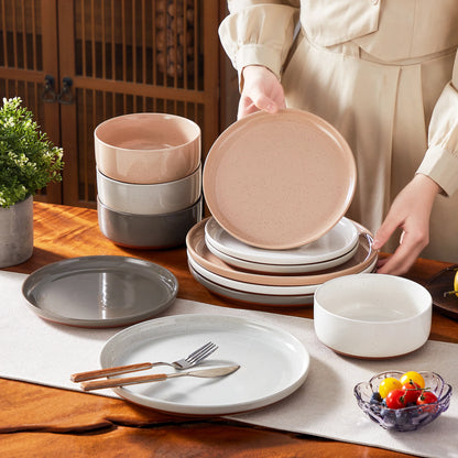 12/24-Piece Stoneware Dinnerware Set – Sesame Glaze Plates with Curved Edges, Includes Dinner Plates, Dessert Plates & Bowls (4 or 6 Settings)
