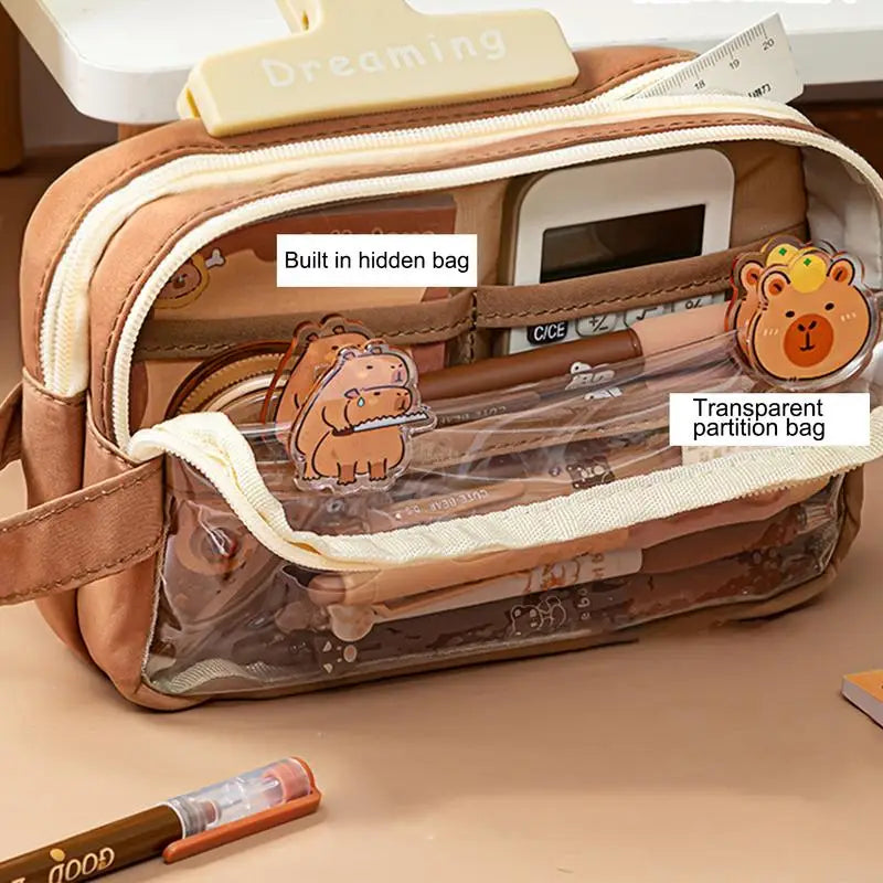 Capybara Cutie Clear Pencil Case – With Pins & Stickers