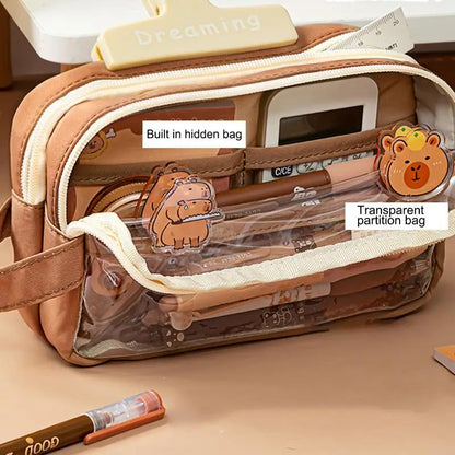 Capybara Cutie Clear Pencil Case – With Pins & Stickers