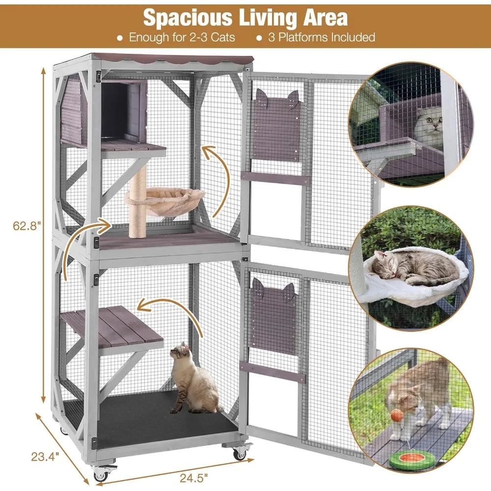 4-Tier Rolling Outdoor Catio – Large Waterproof Cat Enclosure with Roof for Indoor/Outdoor Use