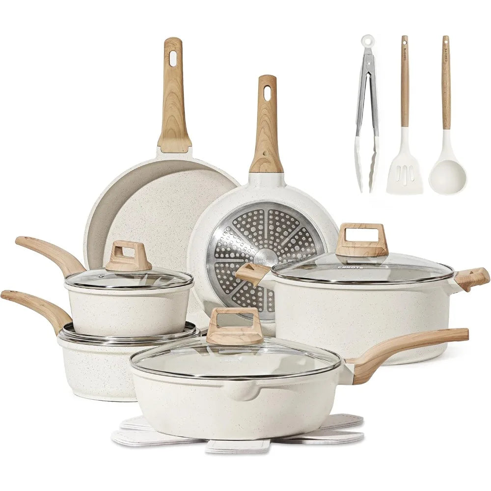 White Granite Pots and Pans Set  16-Piece Nonstick Induction Cookware for All Stovetops