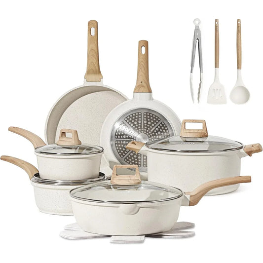 White Granite Pots and Pans Set  16-Piece Nonstick Induction Cookware for All Stovetops