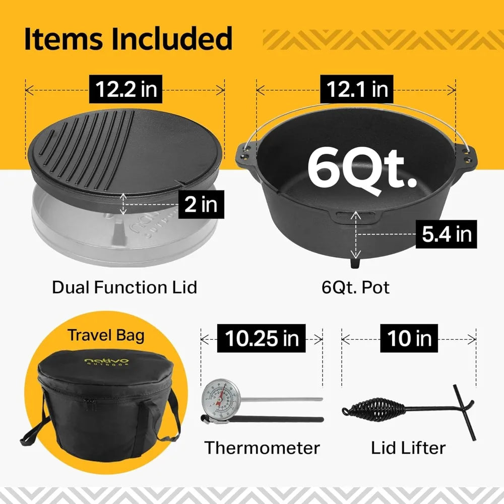 6QT Pre-Seasoned Cast Iron Dutch Oven – Outdoor Cooking Pot with Versatile Lid, Perfect for Camping & Campfire Use