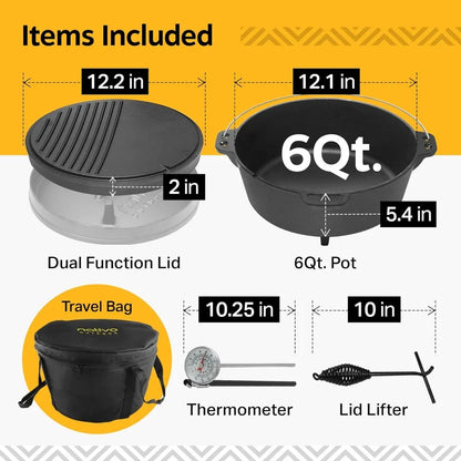 6QT Pre-Seasoned Cast Iron Dutch Oven – Outdoor Cooking Pot with Versatile Lid, Perfect for Camping & Campfire Use