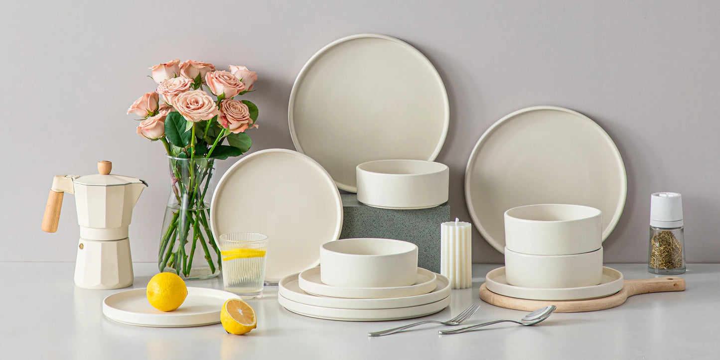 12/24/36-Piece Cream White Stoneware Dinnerware Set – Includes Dinner Plates, Dessert Plates & Bowls for 4/8/12 People