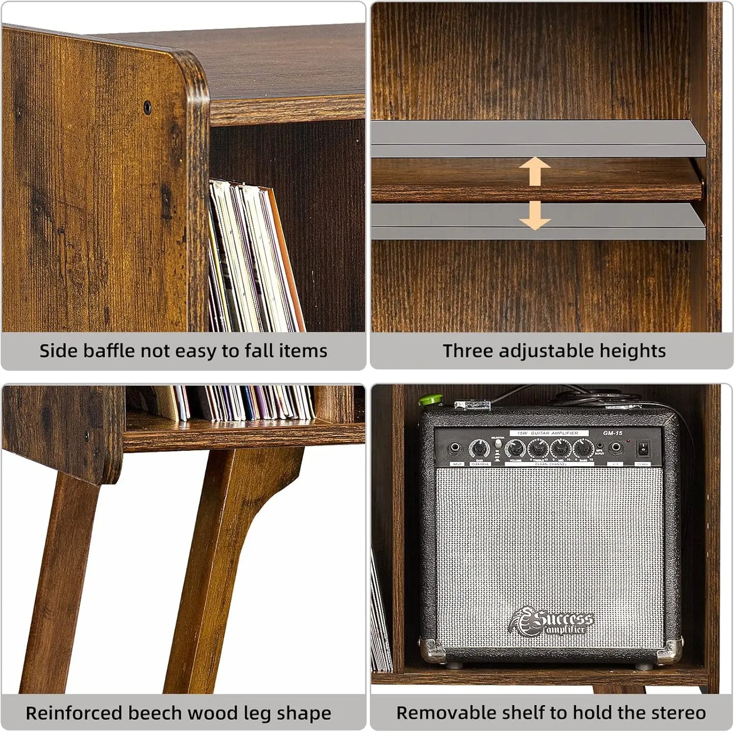 Record Player Stand with 4 Cabinet Holds Up to 220 Albums, Large Turntable Stand with Beech Wood Legs