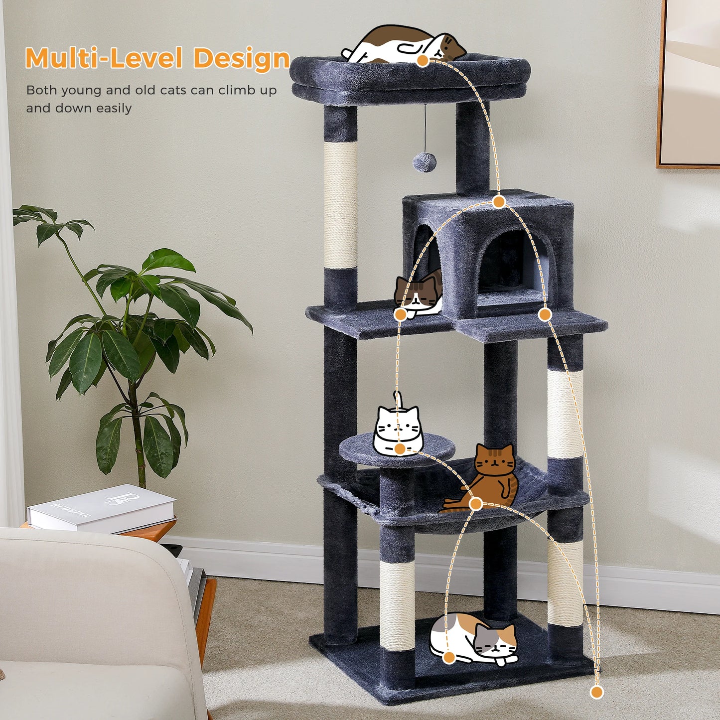Multi-Level Indoor Cat Tree – Large Cat Tower with Sisal Scratching Posts, Spacious Condo, Toys & Scratcher – Available in 6 Colors