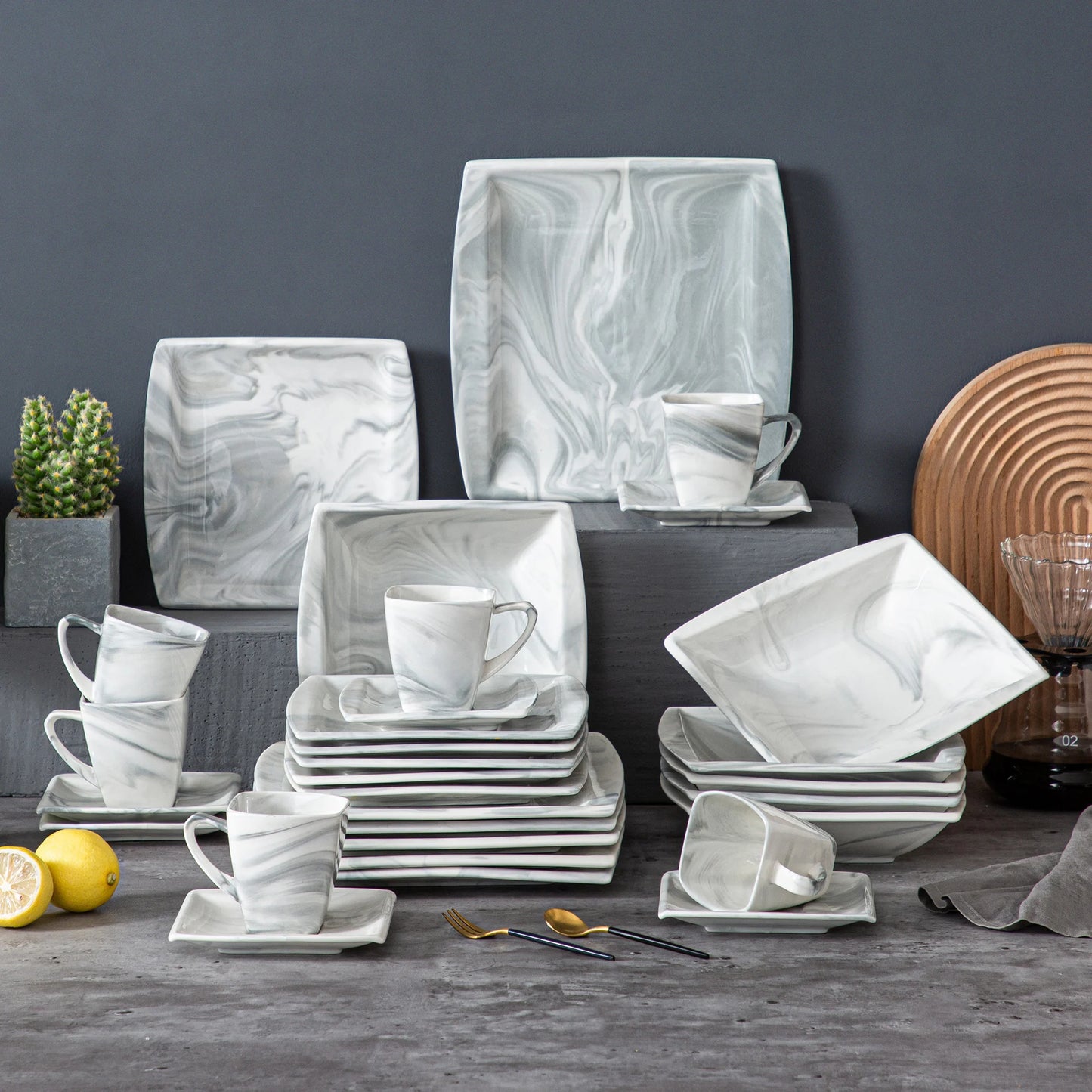 30/60PCS Marble Grey Porcelain Tableware Dinnerware Set with 6PCS Dessert/Soup/Dinner Plate/Cup/Saucer,Service for 12