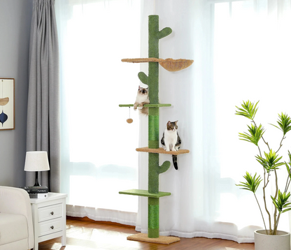 5-Tier Floor-to-Ceiling Cactus Cat Tree – Tall Cat Tower with Scratching Posts, Hammock, Perches & Dangling Ball for Indoor Cats