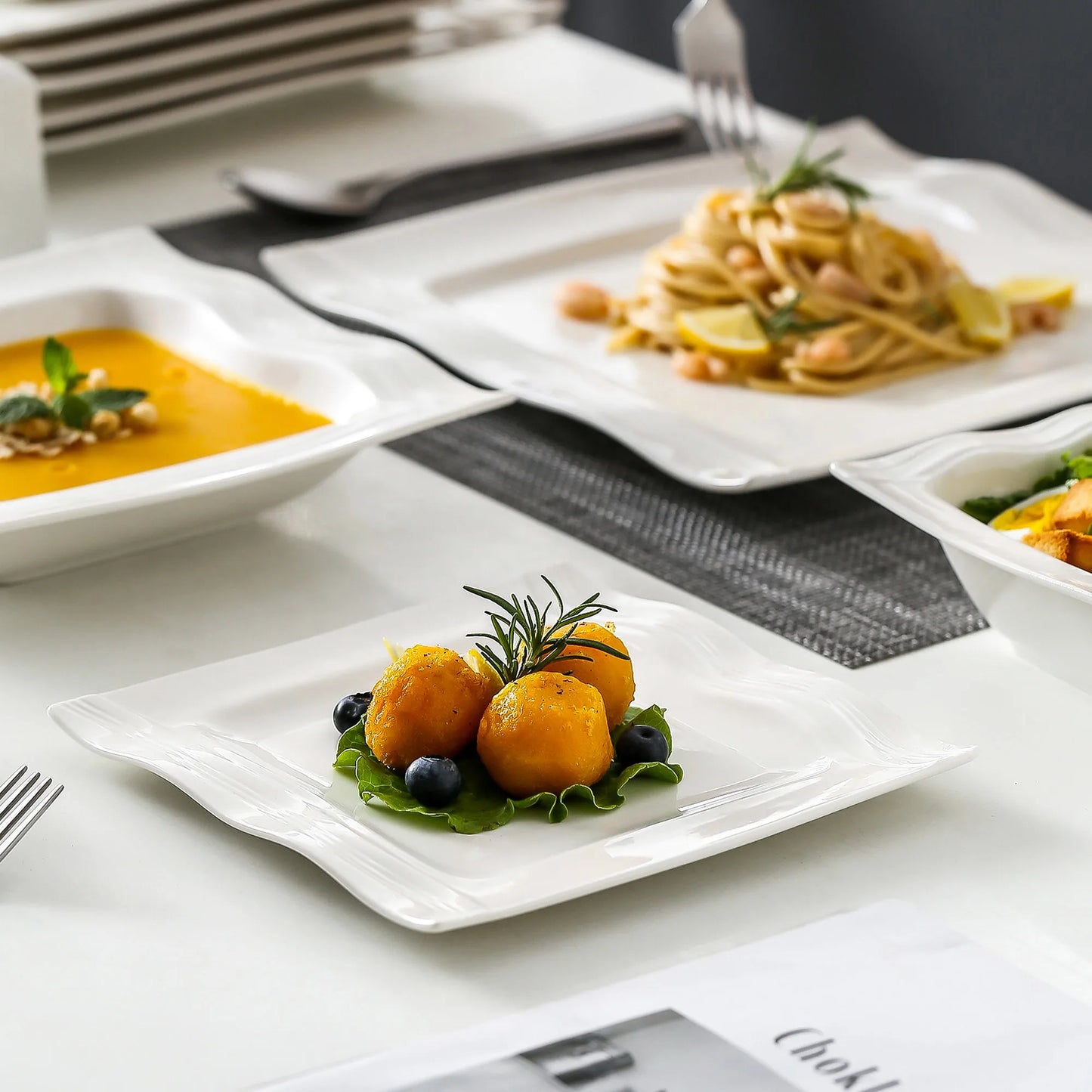 28-Piece Square Dinnerware Set – Ivory White Porcelain Plates & Bowls with Salt & Pepper Shakers