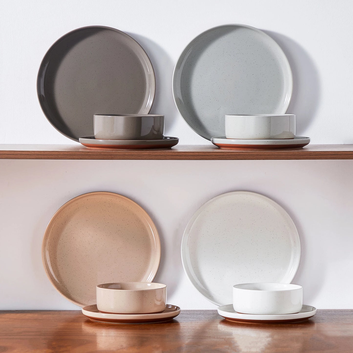 12/24-Piece Stoneware Dinnerware Set – Sesame Glaze Plates with Curved Edges, Includes Dinner Plates, Dessert Plates & Bowls (4 or 6 Settings)