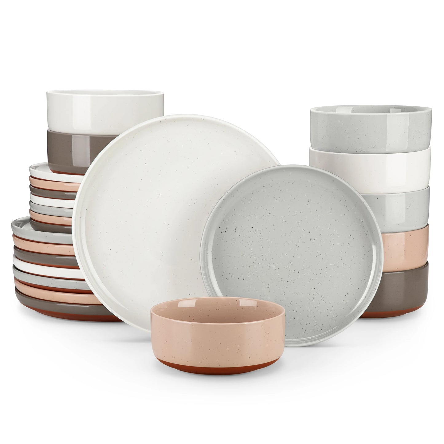 12/24-Piece Stoneware Dinnerware Set – Sesame Glaze Plates with Curved Edges, Includes Dinner Plates, Dessert Plates & Bowls (4 or 6 Settings)
