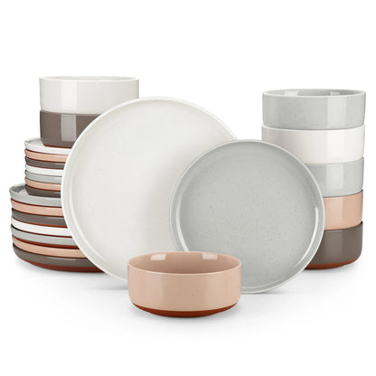 12/24-Piece Stoneware Dinnerware Set – Sesame Glaze Plates with Curved Edges, Includes Dinner Plates, Dessert Plates & Bowls (4 or 6 Settings)