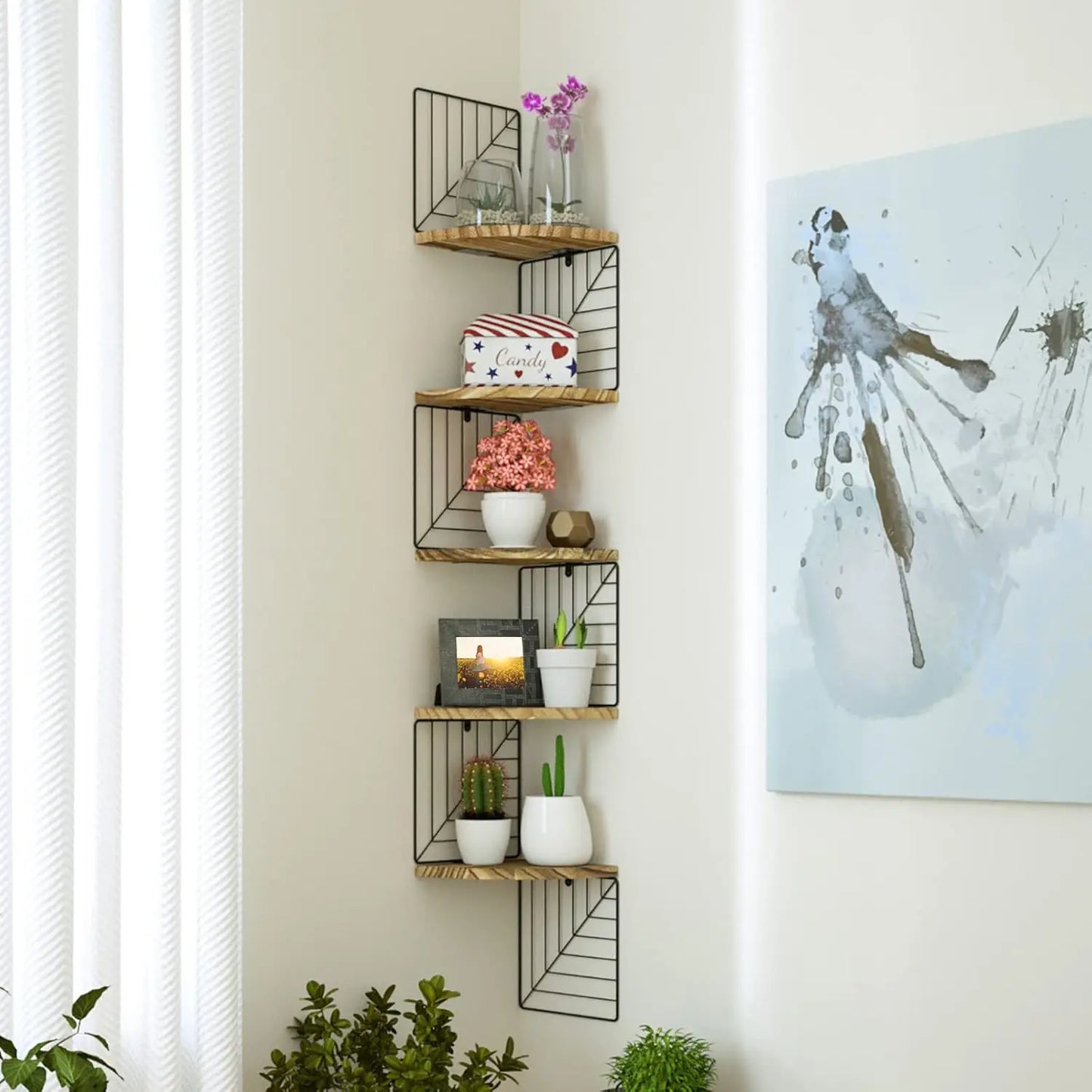 5-Tier Rustic Wood Corner Wall Shelf – Floating Shelves for Bedroom, Bathroom, Kitchen, or Office