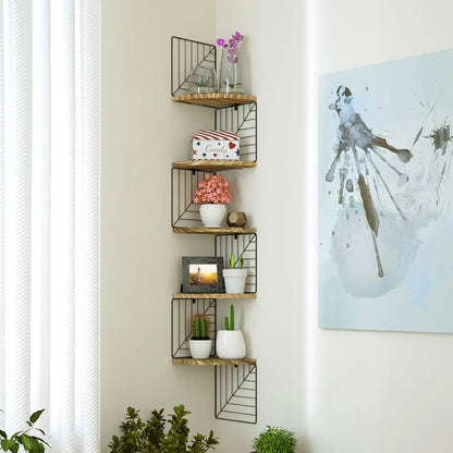5-Tier Rustic Wood Corner Wall Shelf – Floating Shelves for Bedroom, Bathroom, Kitchen, or Office